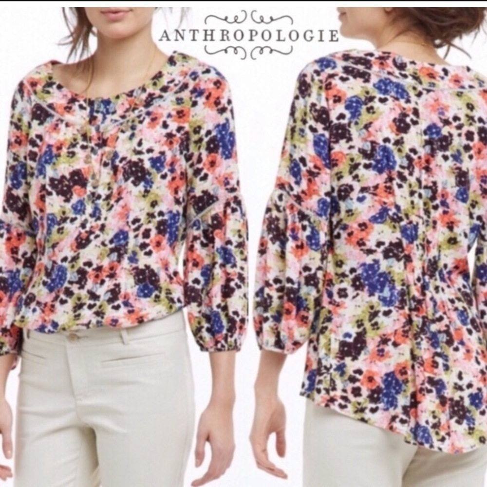 Anthropologie Maeve Floral Bubble Sleeve Blouse